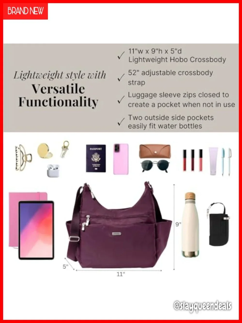 Lightweight RFID Hobo Crossbody Bag with Luggage Sleeve